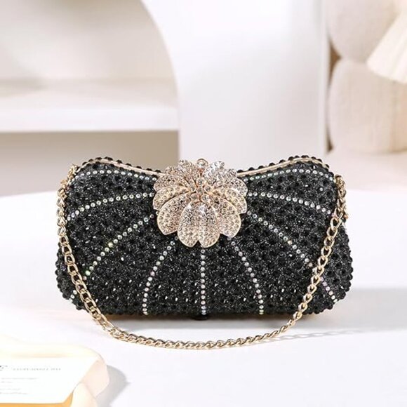 Neiman Marcus Rhinestone Black Floral Evening Clutch Handbag